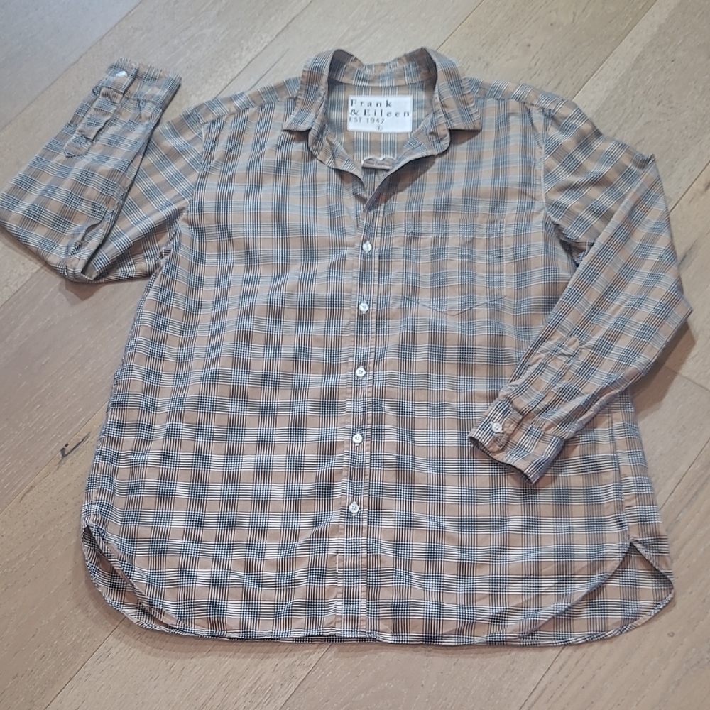 EUC Frank & Eileen Jodey Shirt Women's sz L Black/Brown Plaid Long Sleeve